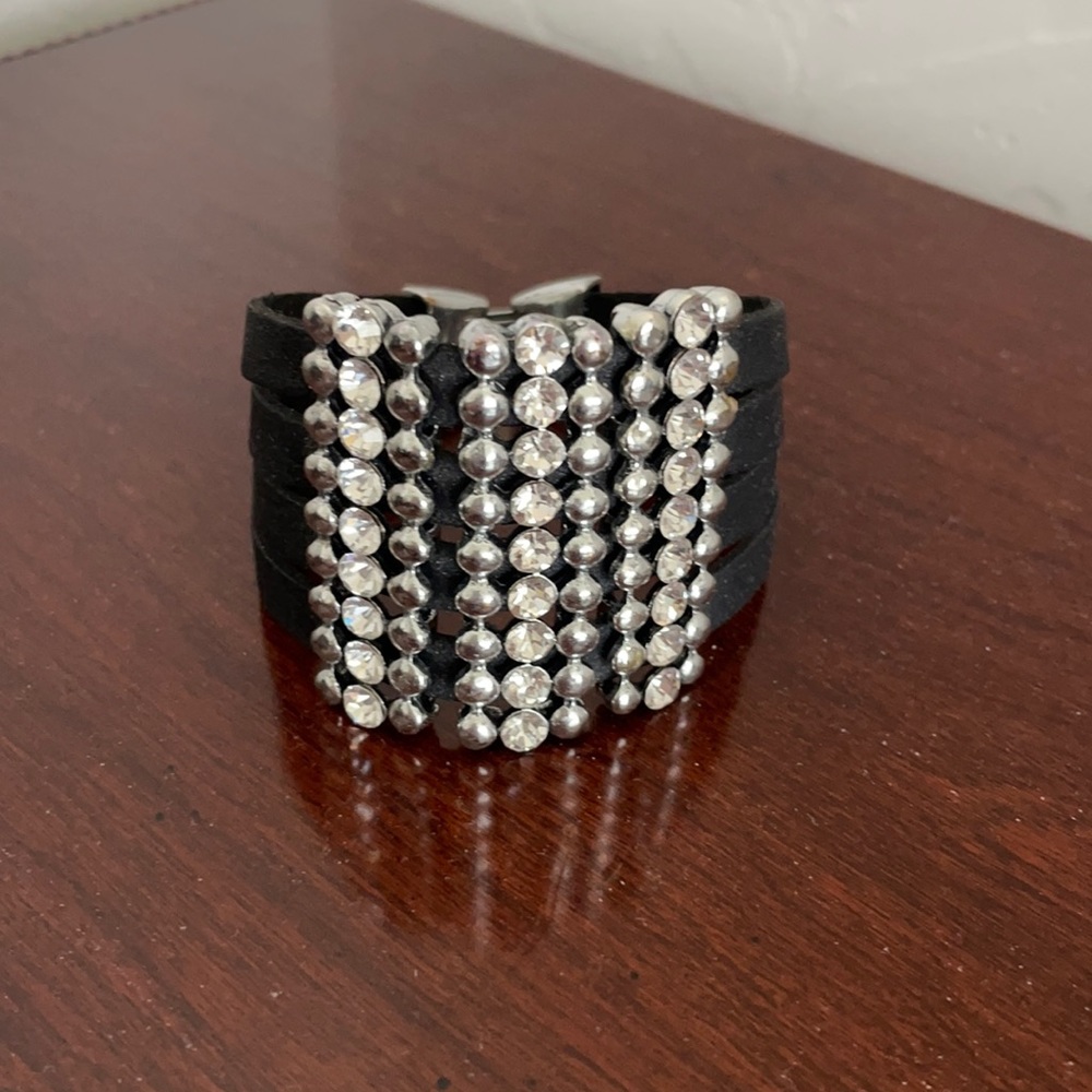 Black Leather Silver & Rhinestone Bracelet